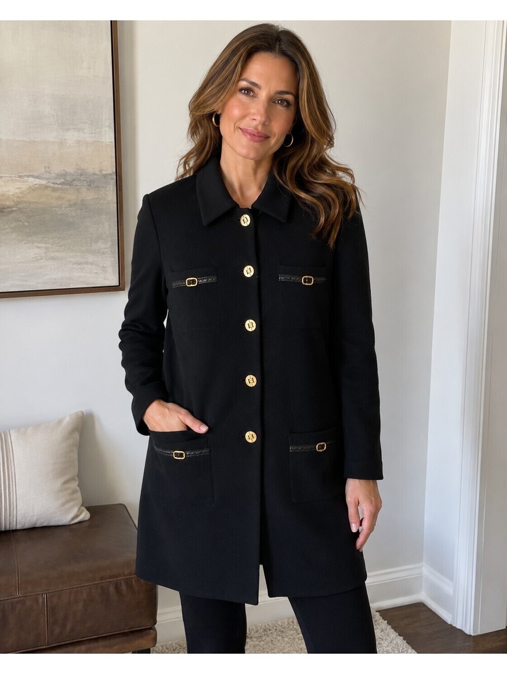 VTG St John Collection Black Santana Knit Longline Cardigan Gold Buttons Sz 4